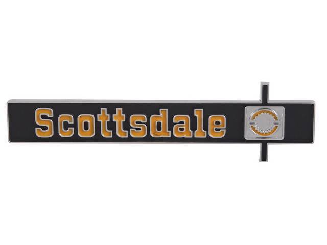 EMBLEM, DASH PANEL, "SCOTTSDALE", W/ FASTENERS. REPLACES GM # 347703