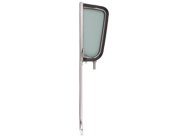 GLASS ASSY, Vent Window, green tinted glass w/o markings, LH, incl chrome inner and outer vent frame and channel, glass w/ seal, vent window handle, spring and stop assy, repro