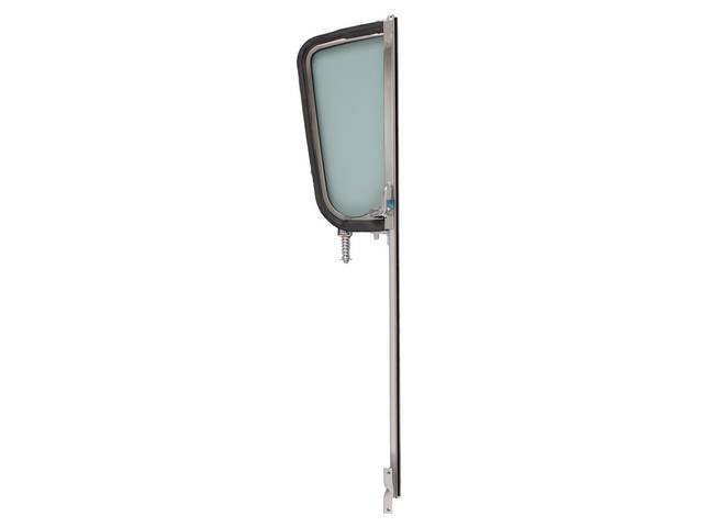 GLASS ASSY, Vent Window, green tinted glass w/o markings, RH, incl chrome inner and outer vent frame and channel, glass w/ seal, vent window handle, spring and stop assy, repro