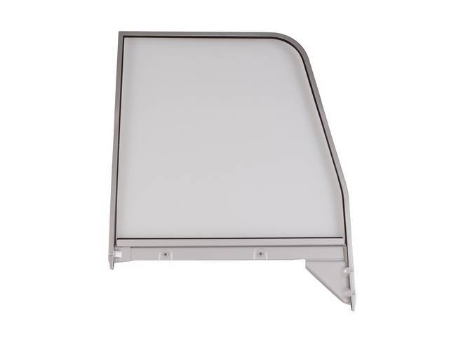 FRAME AND GLASS ASSY, Door Window, clear, RH, features chrome window frame, repro