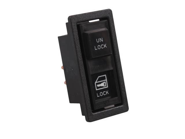 SWITCH, Power Door Lock, rectangular base, black switch w/ black bezel, RH or LH, OE Style Repro