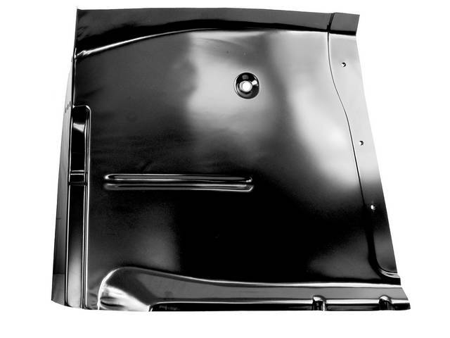 FLOOR PAN, Cab, Front, LH, Half patch section w/ inner rocker panel backing plate, 26 Inch Length x 22 1/2 Inch Width, OE style repro ** Features pre-punched plug weld drain plug holes and mounting points for transmission tunnel cover **
