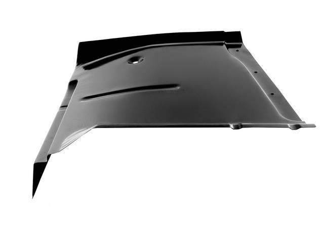 FLOOR PAN, Cab, Front, LH, Half patch section w/ inner rocker panel backing plate, 26 Inch Length x 22 1/2 Inch Width, OE style repro ** Features pre-punched plug weld drain plug holes and mounting points for transmission tunnel cover **
