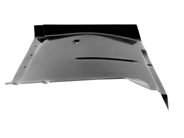 FLOOR PAN, Cab, Front, RH, Half patch section w/ inner rocker panel backing plate, 26 Inch Length x 22 1/2 Inch Width, OE style repro ** Features pre-punched plug weld drain plug holes and mounting points for transmission tunnel cover **