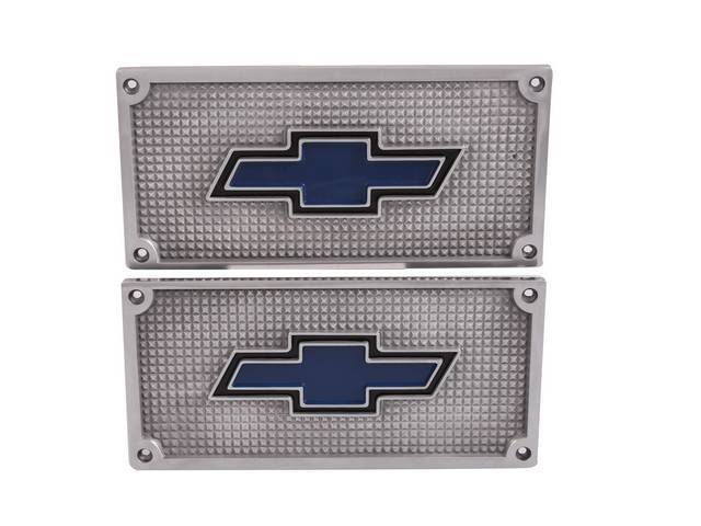 PLATE, RUNNING BOARD STEP, ALUMINUM, W/ BLUE *BOW-TIE* EMBLEM, 10-7/8 INCH X 5-3/8 INCH, REPRO, SCREWS SOLD SEPARATELY, PAIR