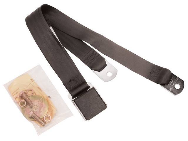 SEAT BELT, Lap, Classic Look, Black belt w/ black wrinkle finish lift latch buckle, 60 inch length, sold per seat, incl mounting hardware, does not work w/ 3-point or shoulder harness, replacement style lap belt, not OE exact 