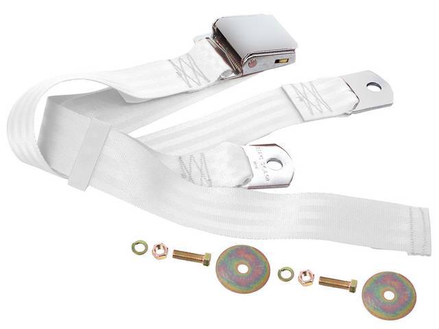 SEAT BELT, Lap, Classic Look, White belt w/ chrome lift latch buckle, 60 inch length, sold per seat, incl mounting hardware, does not work w/ 3-point or shoulder harness, replacement style lap belt, not OE exact 