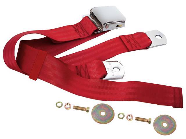 SEAT BELT, Lap, Classic Look, Dark Red belt w/ chrome lift latch buckle, 60 inch length, sold per seat, incl mounting hardware, does not work w/ 3-point or shoulder harness, replacement style lap belt, not OE exact 