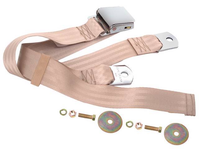 SEAT BELT, Lap, Classic Look, Light Tan belt w/ chrome lift latch buckle, 60 inch length, sold per seat, incl mounting hardware, does not work w/ 3-point or shoulder harness, replacement style lap belt, not OE exact 