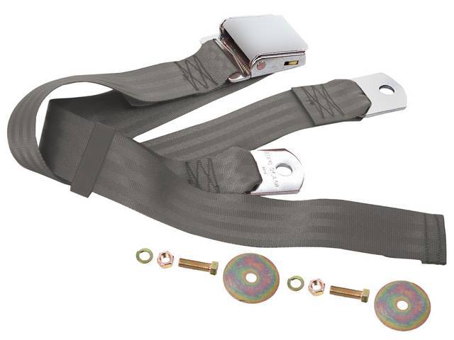 SEAT BELT, Lap, Classic Look, Dark Gray belt w/ chrome lift latch buckle, 60 inch length, sold per seat, incl mounting hardware, does not work w/ 3-point or shoulder harness, replacement style lap belt, not OE exact 