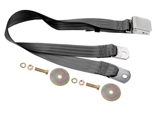 SEAT BELT, Lap, Classic Look, Black belt w/ chrome lift latch buckle, 74 inch length, sold per seat, incl mounting hardware, does not work w/ 3-point or shoulder harness, replacement style lap belt, not OE exact 