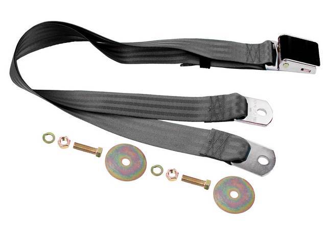 SEAT BELT, Lap, Classic Look, Black belt w/ black wrinkle finish lift latch buckle, 74 inch length, sold per seat, incl mounting hardware, does not work w/ 3-point or shoulder harness, replacement style lap belt, not OE exact 