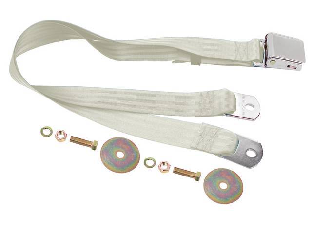 SEAT BELT, Lap, Classic Look, White belt w/ chrome lift latch buckle, 74 inch length, sold per seat, incl mounting hardware, does not work w/ 3-point or shoulder harness, replacement style lap belt, not OE exact 