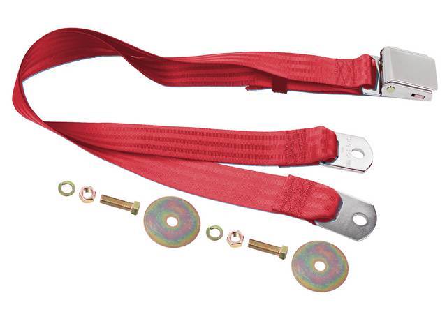 SEAT BELT, Lap, Classic Look, Bright Red belt w/ chrome lift latch buckle, 74 inch length, sold per seat, incl mounting hardware, does not work w/ 3-point or shoulder harness, replacement style lap belt, not OE exact 