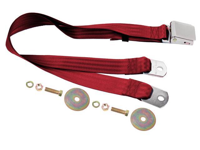 SEAT BELT, Lap, Classic Look, Dark Red belt w/ chrome lift latch buckle, 74 inch length, sold per seat, incl mounting hardware, does not work w/ 3-point or shoulder harness, replacement style lap belt, not OE exact 