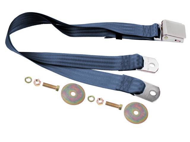 SEAT BELT, Lap, Classic Look, Dark Blue belt w/ chrome lift latch buckle, 74 inch length, sold per seat, incl mounting hardware, does not work w/ 3-point or shoulder harness, replacement style lap belt, not OE exact 