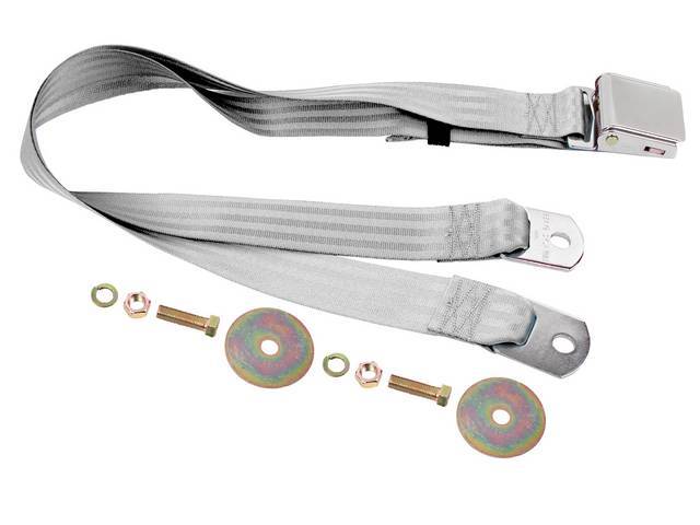 SEAT BELT, Lap, Classic Look, Light Gray belt w/ chrome lift latch buckle, 74 inch length, sold per seat, incl mounting hardware, does not work w/ 3-point or shoulder harness, replacement style lap belt, not OE exact 