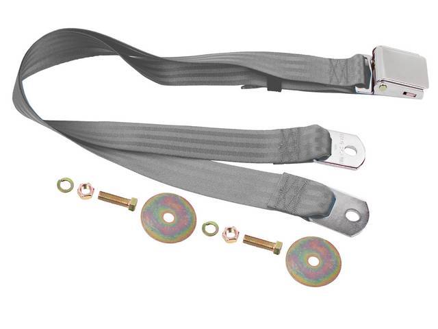 SEAT BELT, Lap, Classic Look, Dark Gray belt w/ chrome lift latch buckle, 74 inch length, sold per seat, incl mounting hardware, does not work w/ 3-point or shoulder harness, replacement style lap belt, not OE exact 