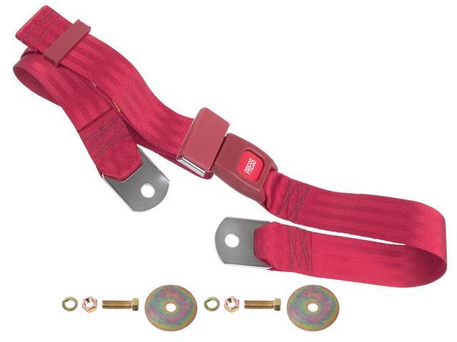 SEAT BELT, Lap, Push Button Style, Red belt w/ black buckle receptacle, 60 inch length, sold per seat, incl mounting hardware, does not work w/ 3-point or shoulder harness, replacement style lap belt, not OE exact 