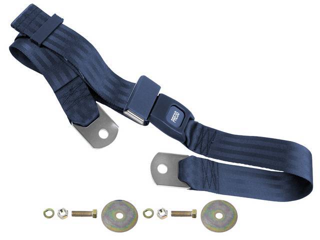 SEAT BELT, Lap, Push Button Style, Navy Blue belt w/ black buckle receptacle, 60 inch length, sold per seat, incl mounting hardware, does not work w/ 3-point or shoulder harness, replacement style lap belt, not OE exact 