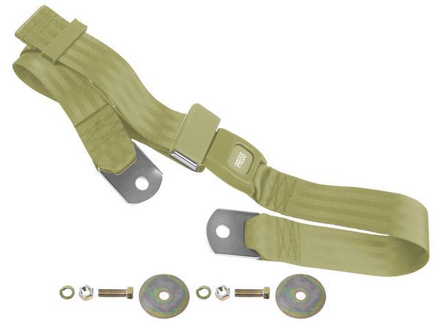 SEAT BELT, Lap, Push Button Style, Tan belt w/ black buckle receptacle, 60 inch length, sold per seat, incl mounting hardware, does not work w/ 3-point or shoulder harness, replacement style lap belt, not OE exact 