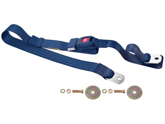 SEAT BELT, Lap, Push Button Style, Navy Blue belt w/ black buckle receptacle, 74 inch length, sold per seat, incl mounting hardware, does not work w/ 3-point or shoulder harness, replacement style lap belt, not OE exact 