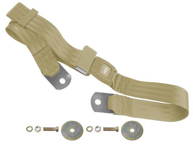 SEAT BELT, Lap, Push Button Style, Tan belt w/ black buckle receptacle, 74 inch length, sold per seat, incl mounting hardware, does not work w/ 3-point or shoulder harness, replacement style lap belt, not OE exact 