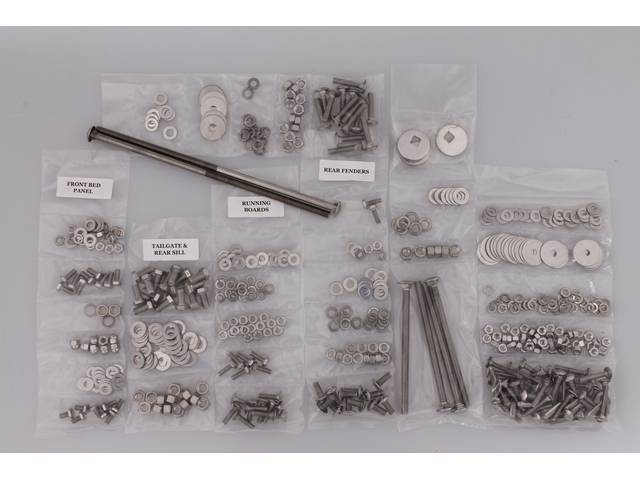 BOLT KIT, Bed, Complete, polished stainless steel, installs bed wood and mount bed to the frame, (508) incl bolts, washers and nuts for bed to frame, front bed panel, cross sill and gate, rear fenders (wheel tubs) and running boards