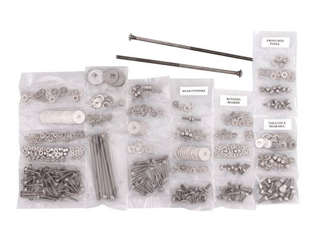 BOLT KIT, Bed, Complete, unpolished stainless steel, installs bed wood and mount bed to the frame, (508) incl bolts, washers and nuts for bed to frame, front bed panel, cross sill and gate, rear fenders (wheel tubs) and running boards