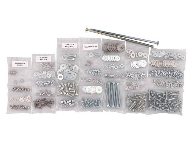 BOLT KIT, Bed, Complete, zinc finish, installs bed wood and mount bed to the frame, (606) incl bolts, washers and nuts for bed to frame, front bed panel, cross sill and tail gate, rear fenders (wheel tubs) and running boards