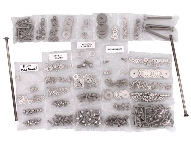 BOLT KIT, Bed, Complete, unpolished stainless steel, installs bed wood and mount bed to the frame, (524) incl bolts, washers and nuts for bed to frame, front bed panel, cross sill and tail gate, rear fenders (wheel tubs) and running boards