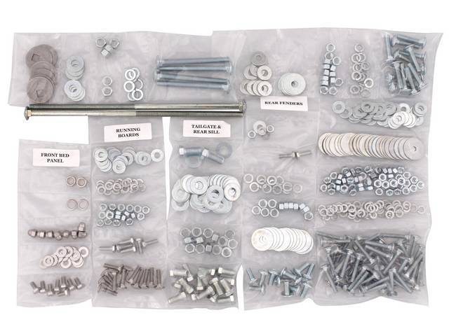 BOLT KIT, Bed, Complete, zinc finish, installs bed wood and mount bed to the frame, (524) incl bolts, washers and nuts for bed to frame, front bed panel, cross sill and tail gate, rear fenders (wheel tubs) and running boards