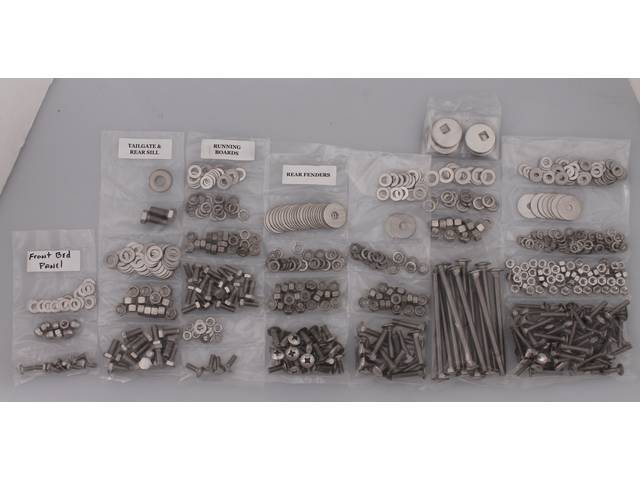 BOLT KIT, Bed, Complete, polished stainless steel, installs bed wood and mount bed to the frame, (710) incl bolts, washers and nuts for bed to frame, front bed panel, rear sill and gate, rear fenders (wheel tubs) and running boards