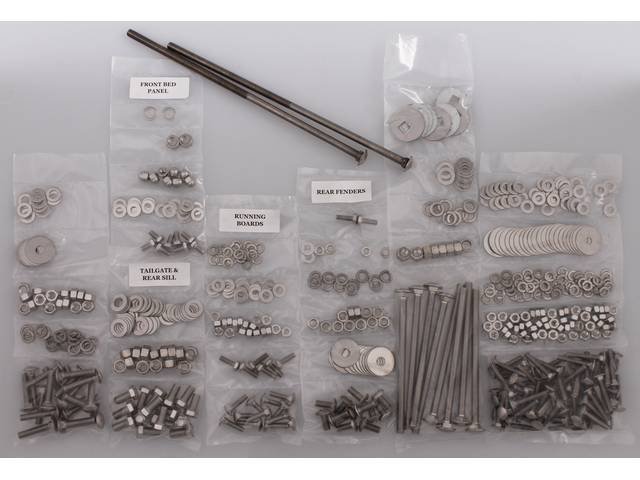 BOLT KIT, Bed, Complete, unpolished stainless steel, installs bed wood and mount bed to the frame, (582) incl bolts, washers and nuts for bed to frame, front bed panel, cross sill and tail gate, rear fenders (wheel tubs) and running boards, 