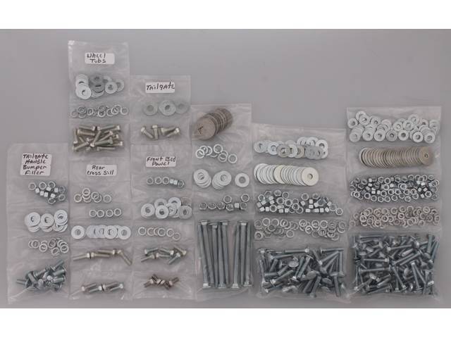 BOLT KIT, Bed, Complete, zinc finish, installs bed wood and mount bed to the frame, (760) incl bolts, washers and nuts for bed to frame, front bed panel, rear sill and tailgate, rear fenders (wheel tubs)