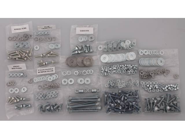 BOLT KIT, Bed, Complete, zinc finish, installs bed wood and mount bed to the frame, (588) incl bolts, washers and nuts for bed to frame, front bed panel, rear cross sill, tailgate and handle, rear fenders (wheel tubs) and bumper filler