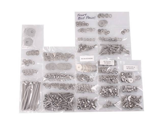 BOLT KIT, Bed, Complete, polished stainless steel, installs bed wood and mount bed to the frame, (618) incl bolts, washers and nuts for bed to frame, front bed panel, rear sill and tailgate, rear fenders (wheel tubs) and running boards