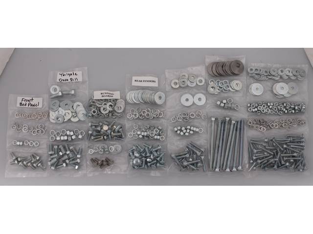 BOLT KIT, Bed, Complete, zinc finish, installs bed wood and mount bed to the frame, (618) incl bolts, washers and nuts for bed to frame, front bed panel, rear sill and tailgate, rear fenders (wheel tubs) and running boards