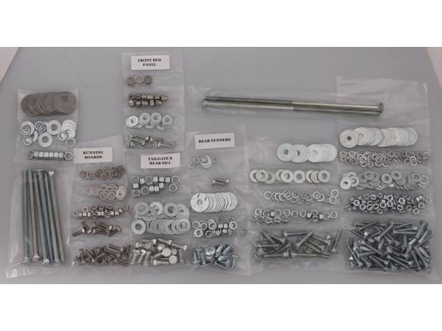 BOLT KIT, Bed, Complete, zinc finish, installs bed wood and mount bed to the frame, (582) incl bolts, washers and nuts for bed to frame, front bed panel, cross sill and tail gate, rear fenders (wheel tubs) and running boards, 