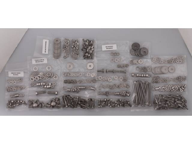 BOLT KIT, Bed w/ Wood Floor, Complete, unpolished stainless steel, installs bed wood and mount bed to the frame, (603) incl bolts, washers and nuts for bed to frame, front bed panel, rear sill and tailgate, rear fenders (wheel tubs) and running boards
