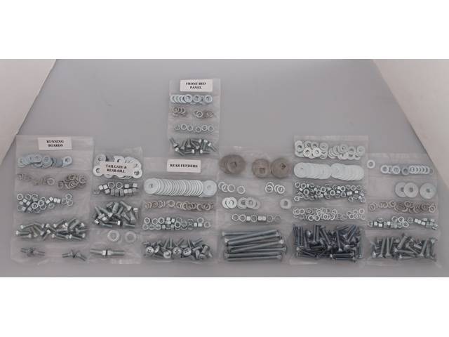 BOLT KIT, Bed w/ Wood Floor, Complete, zinc finish, installs bed wood and mount bed to the frame, (603) incl bolts, washers and nuts for bed to frame, front bed panel, rear sill and tailgate, rear fenders (wheel tubs) and running boards