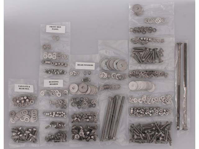 BOLT KIT, Bed, Complete, unpolished stainless steel, installs bed wood and mount bed to the frame, (524) incl bolts, washers and nuts for bed to frame, front bed panel, cross sill and gate, rear fenders (wheel tubs) and running boards