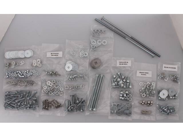 BOLT KIT, Bed, Complete, zinc finish, installs bed wood and mount bed to the frame, (524) incl bolts, washers and nuts for bed to frame, front bed panel, cross sill and gate, rear fenders (wheel tubs) and running boards