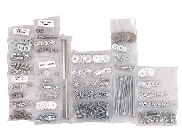 BOLT KIT, Bed, Complete, zinc finish, installs bed wood and mount bed to the frame, (555) incl bolts, washers and nuts for bed to frame, front bed panel, cross sill and gate, rear fenders (wheel tubs) and running boards