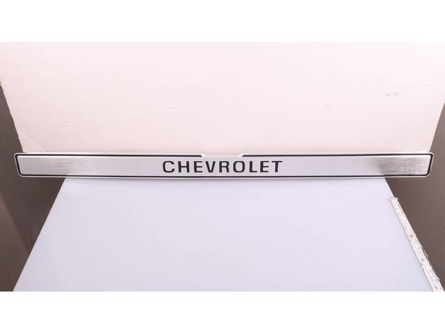 Tailgate Brushed Aluminum Trim Panel w/ Black  "CHEVROLET" lettering, GM Licensed Reproduction for (75-80)
