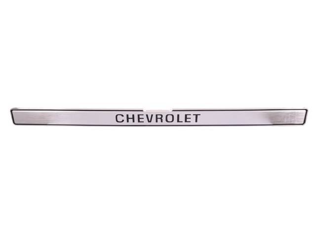 Tailgate Brushed Aluminum Trim Panel w/ centered Black  "CHEVROLET" lettering, GM Licensed Reproduction