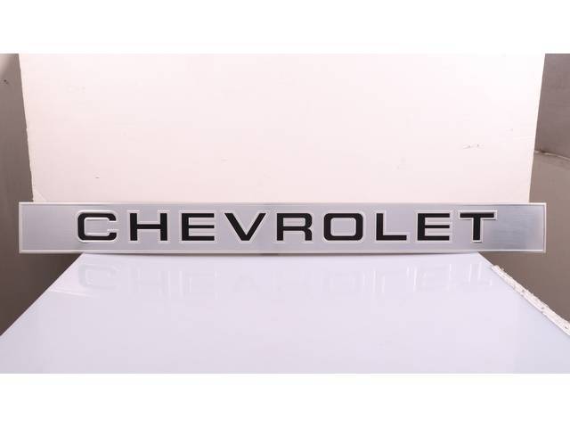 Tailgate Brushed Aluminum Trim Panel w/ Black  "CHEVROLET" lettering, GM Licensed Reproduction