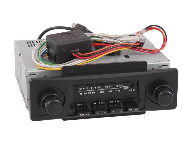 RADIO, AM/FM W/ Front Auxiliary Input (for iPod, MP3 player or satellite radio), 100 Watt (25 x 4), Black faceplate, will not work w/ stock mono-speaker, Vintage Car Audio