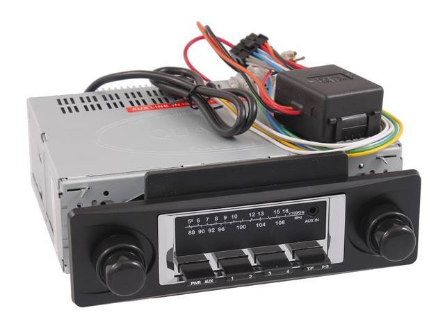 RADIO, AM/FM W/ Front Auxiliary Input (for iPod, MP3 player or satellite radio), 100 Watt (25 x 4), Chrome Faceplate, will not work w/ stock mono-speaker, Vintage Car Audio