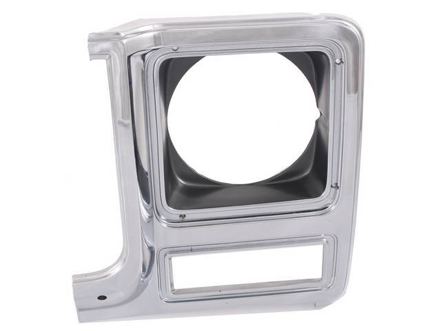 BEZEL, Head Light, w/ round light opening, LH, chrome finish w/ black accent around light opening, plastic, repro